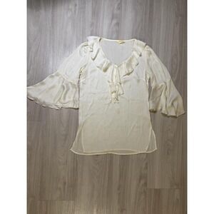 Chenault Women Blouse White Ruffle Bell Sleeve Tie Neck Top Size Small